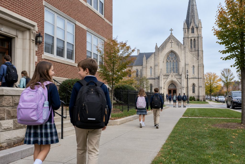 Brick church-school building with a playground on an Indianapolis side street