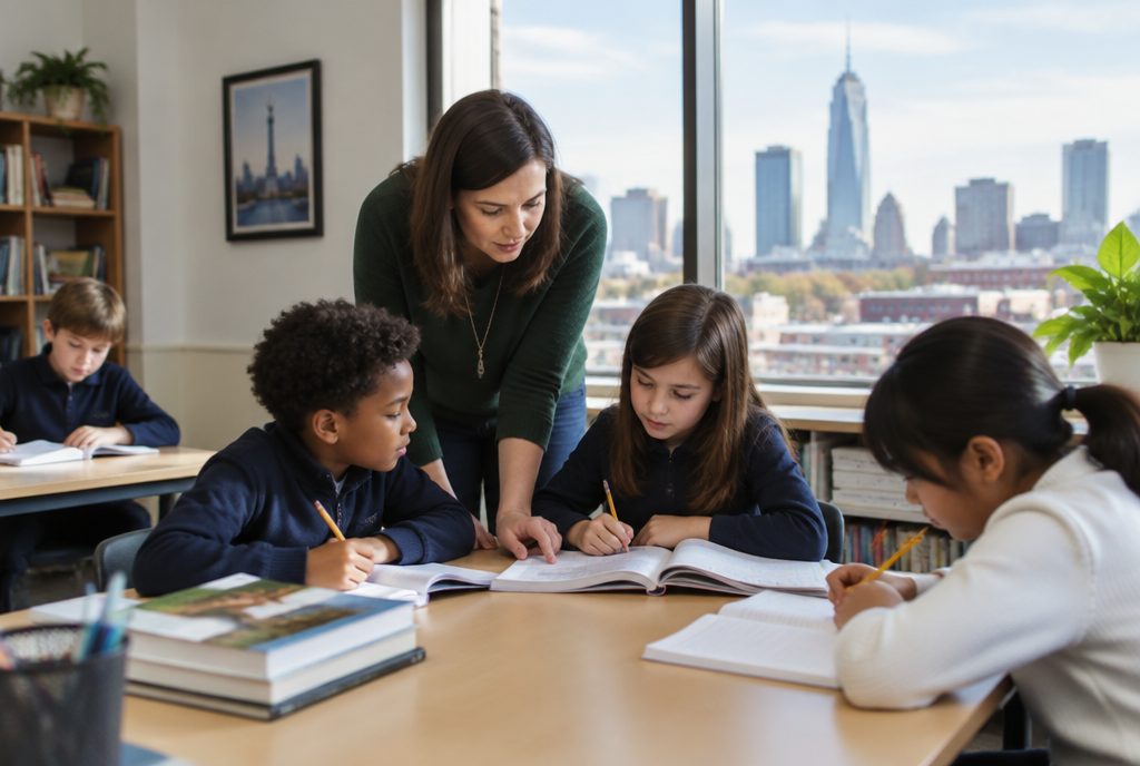 A teacher reading with a small group of elementary students in an Indianapolis private school classroom A teacher reading with a small group of elementary students in an Indianapolis private school classroom