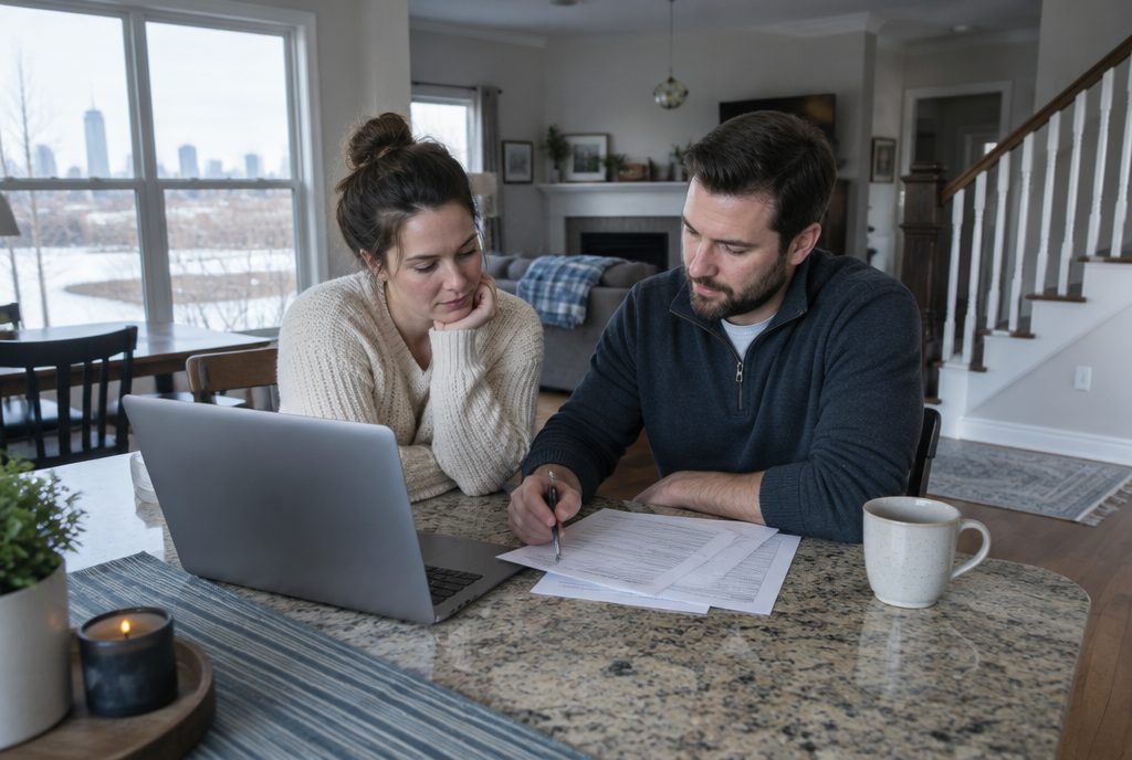 Indianapolis parents at a kitchen table comparing a private school tuition sheet with their voucher award letter